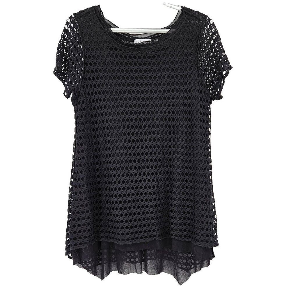 Habitat Fishnet Layered Tunic Top Black Women’s Size L Relaxed Fit Lagenlook